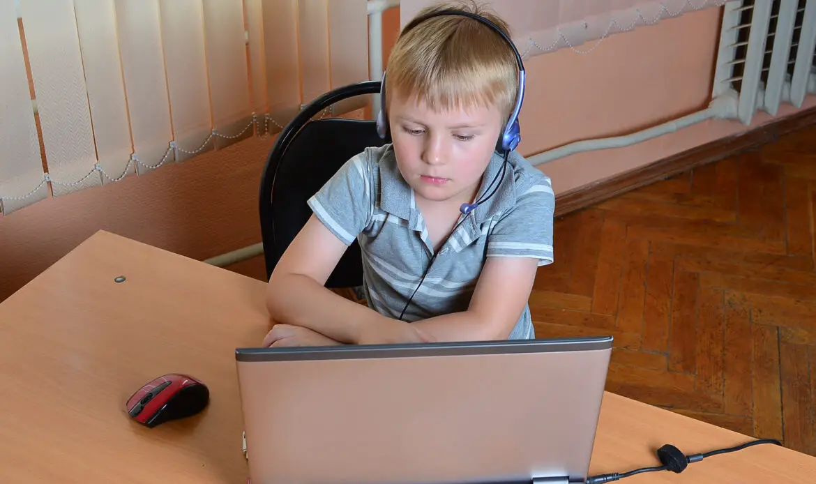 cute boy using laptop at desk