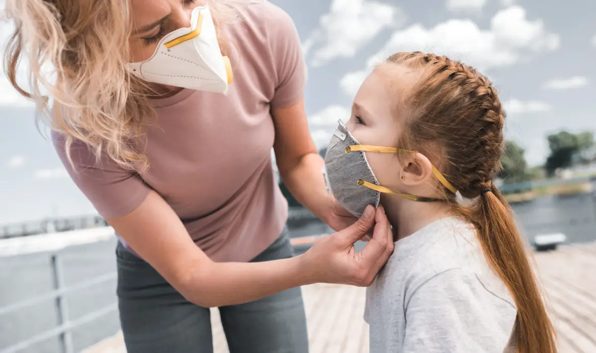 mother wearing protective mask on daughter on bridge, air pollution concept