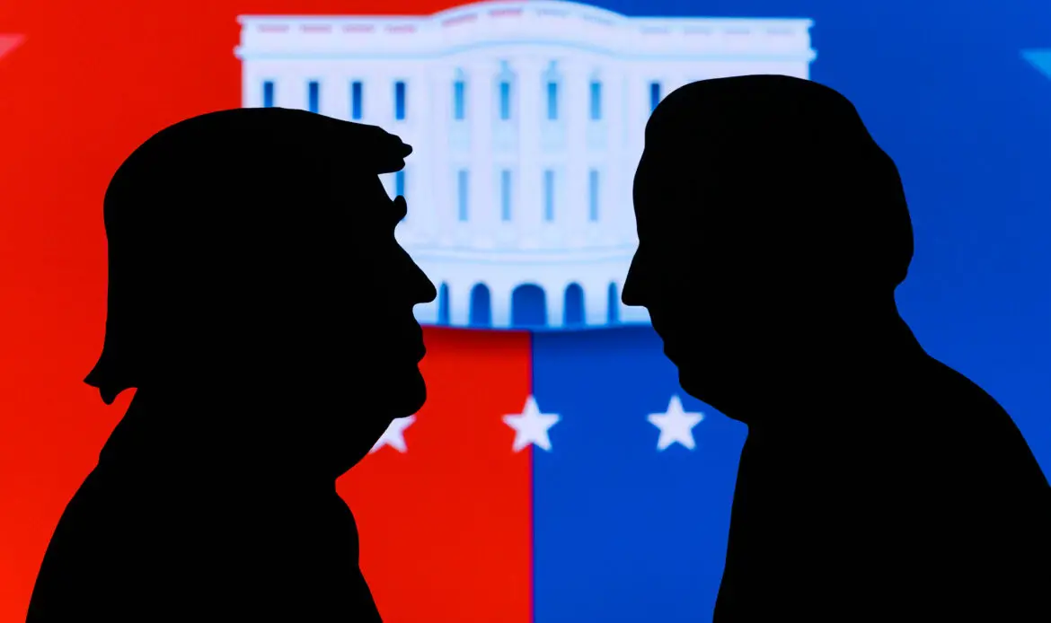 NEW YORK, USA, JUN 17, 2020: Silhouette of republican candidate Donald Trump and democratic candidate Joe Biden. 2020 United States presidential election. US vote, Concept photo for November 3, 2020