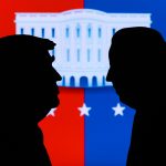 NEW YORK, USA, JUN 17, 2020: Silhouette of republican candidate Donald Trump and democratic candidate Joe Biden. 2020 United States presidential election. US vote, Concept photo for November 3, 2020