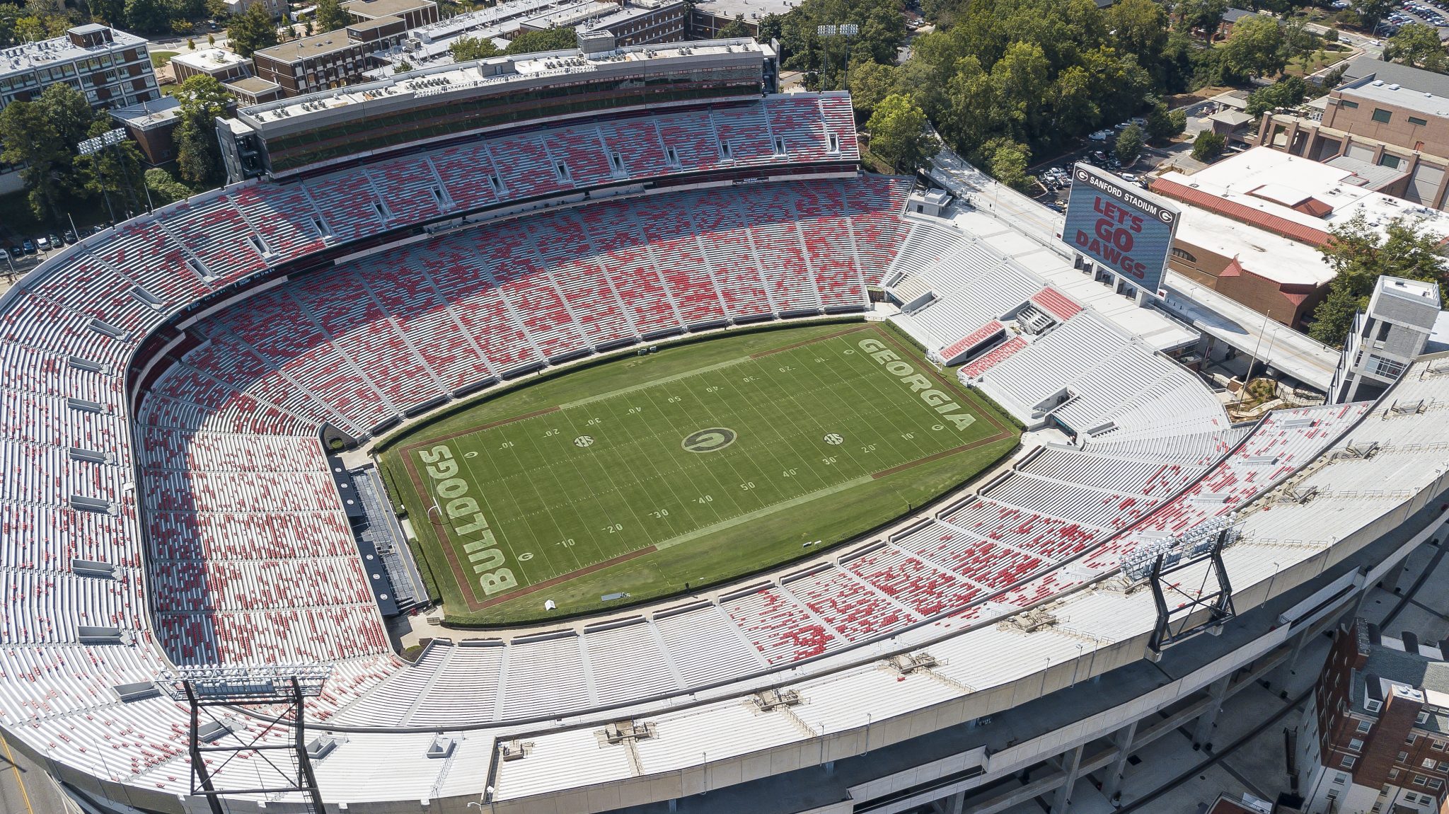 October 03, 2018 - Athens, Georgia, USA: Aerial views of Sanford Stadium, which is the on-campus playing venue for football at the University of Georgia in Athens, Georgia, United States.
