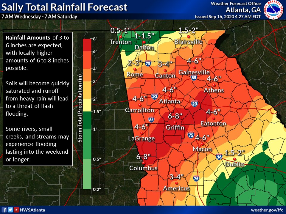 Heavy rainfall from Hurricane Sally will impact Georgia today through early Friday. Rainfall amounts have shifted southward, but 3 to 6 inches are still expected, with locally higher amounts.