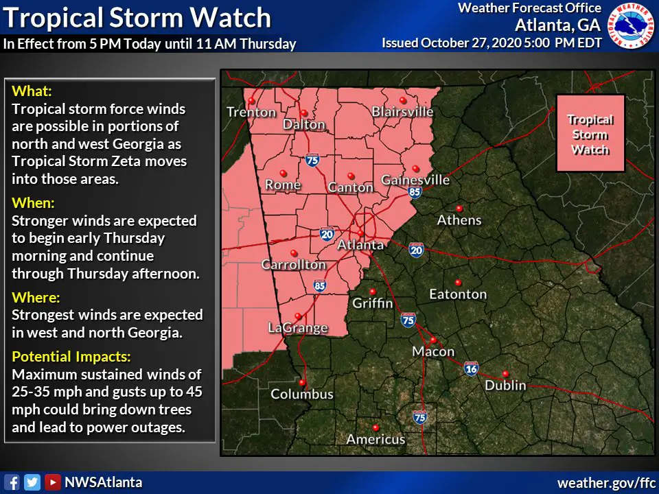 North Georgia is expected to feel the effects of Hurricane Zeta today and tomorrow. The hurricane is expected to make landfall in Southeast Louisiana, bringing strong winds and flooding to much of north Georgia.