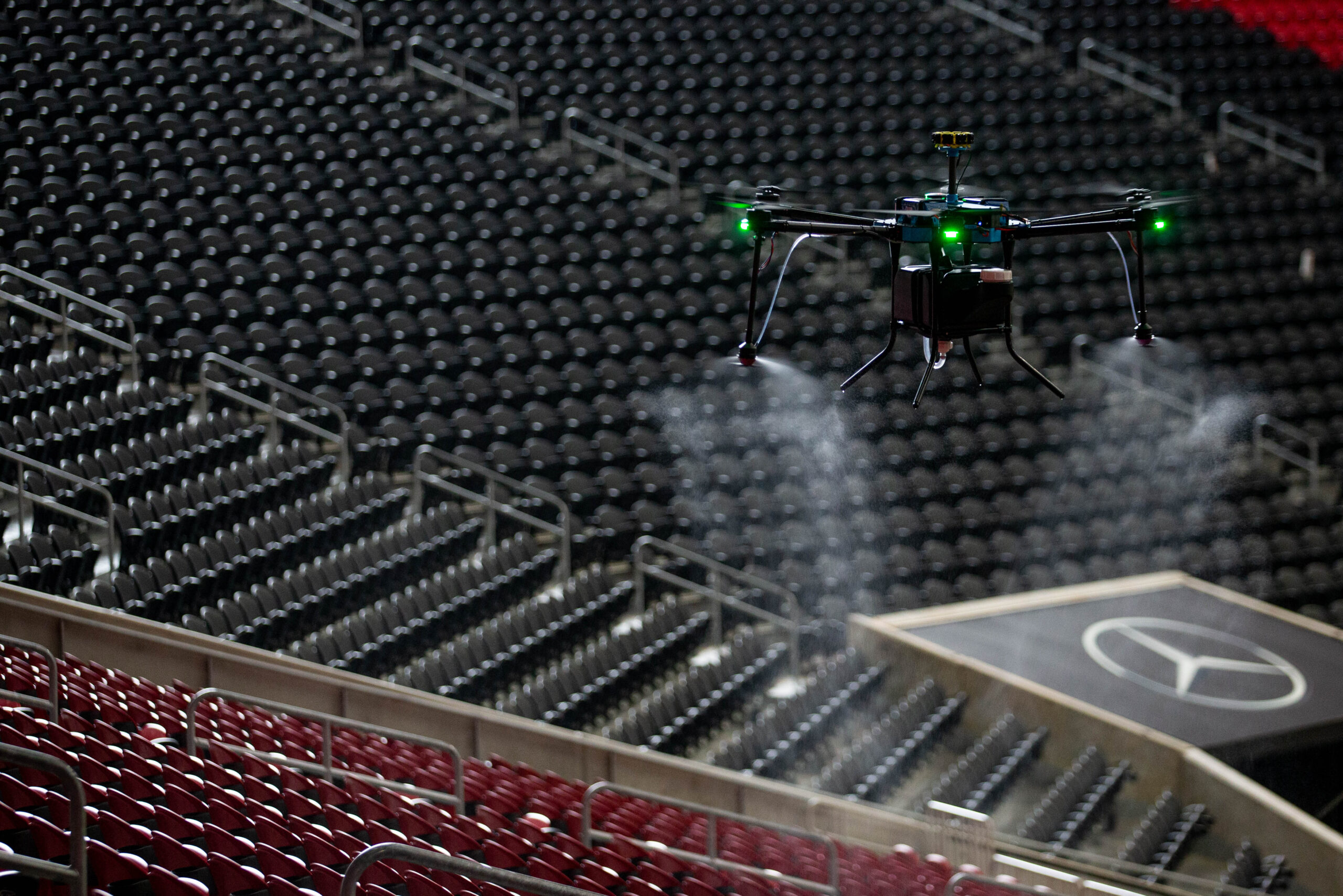 Mercedes-Benz Stadium is using drone technology as part of the stadium’s holistic cleaning protocol in response to the COVID-19 pandemic. 