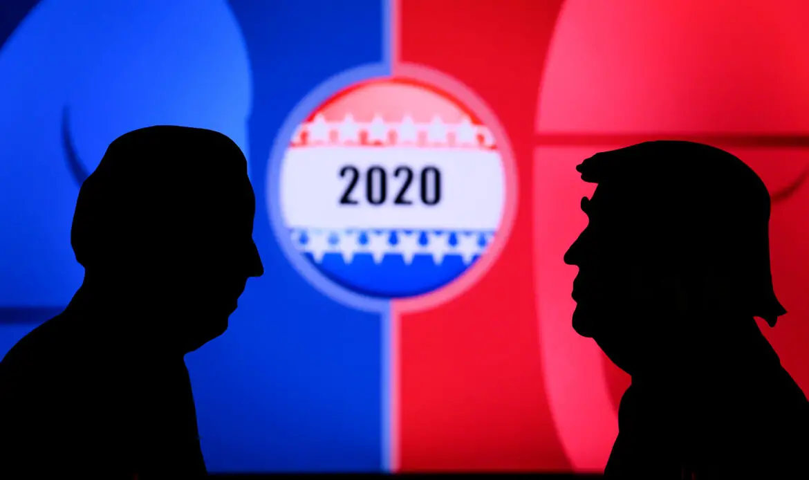 NEW YORK, USA, JUN 17, 2020: Silhouette of republican candidate Donald Trump and democratic candidate Joe Biden. 2020 United States presidential election. US vote, Concept photo for November 3, 2020