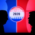 NEW YORK, USA, JUN 17, 2020: Silhouette of republican candidate Donald Trump and democratic candidate Joe Biden. 2020 United States presidential election. US vote, Concept photo for November 3, 2020