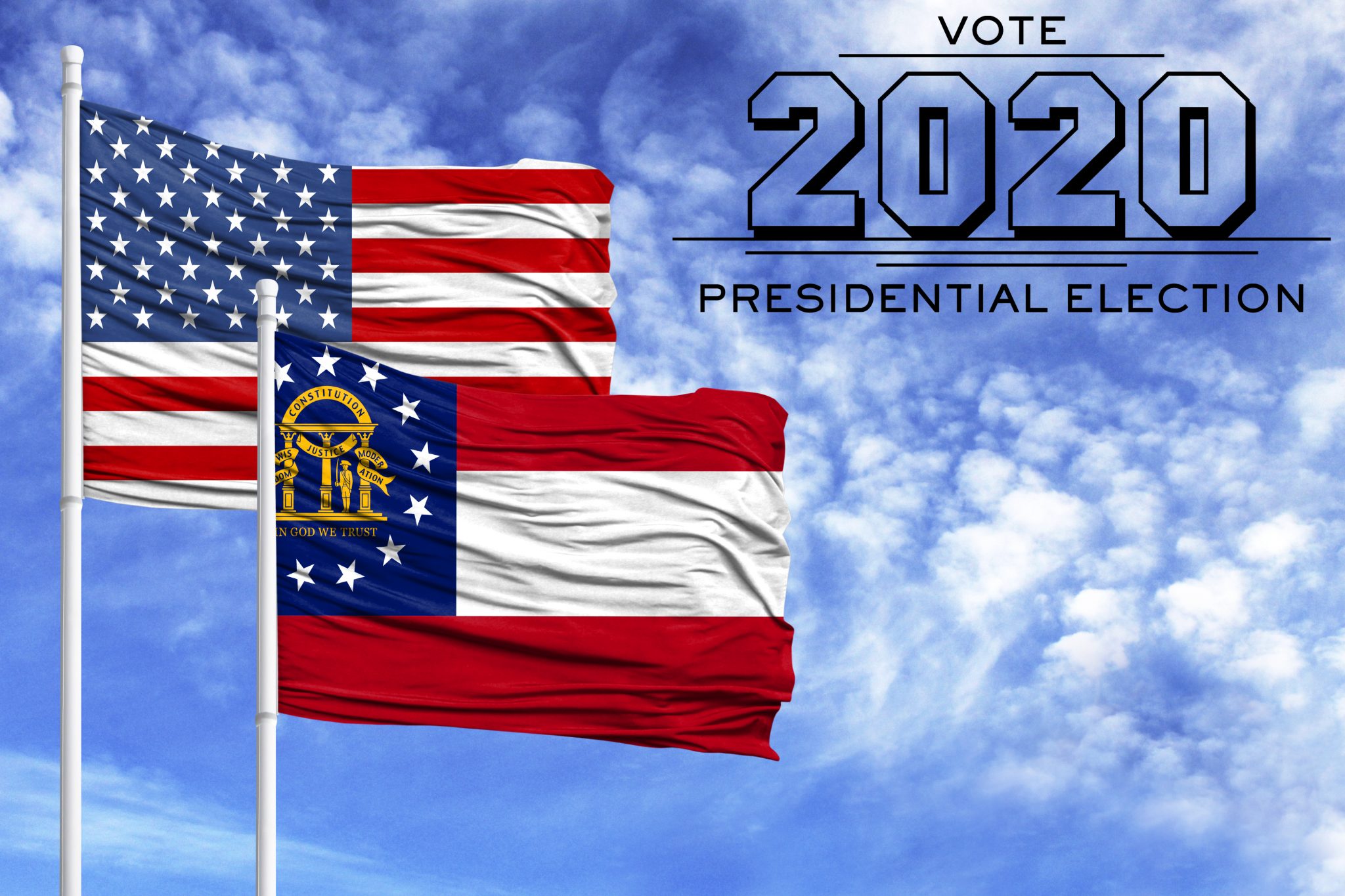 US elections in November 2020, against a blue sky, two flagpoles with the flag of America and the State of Georgia.