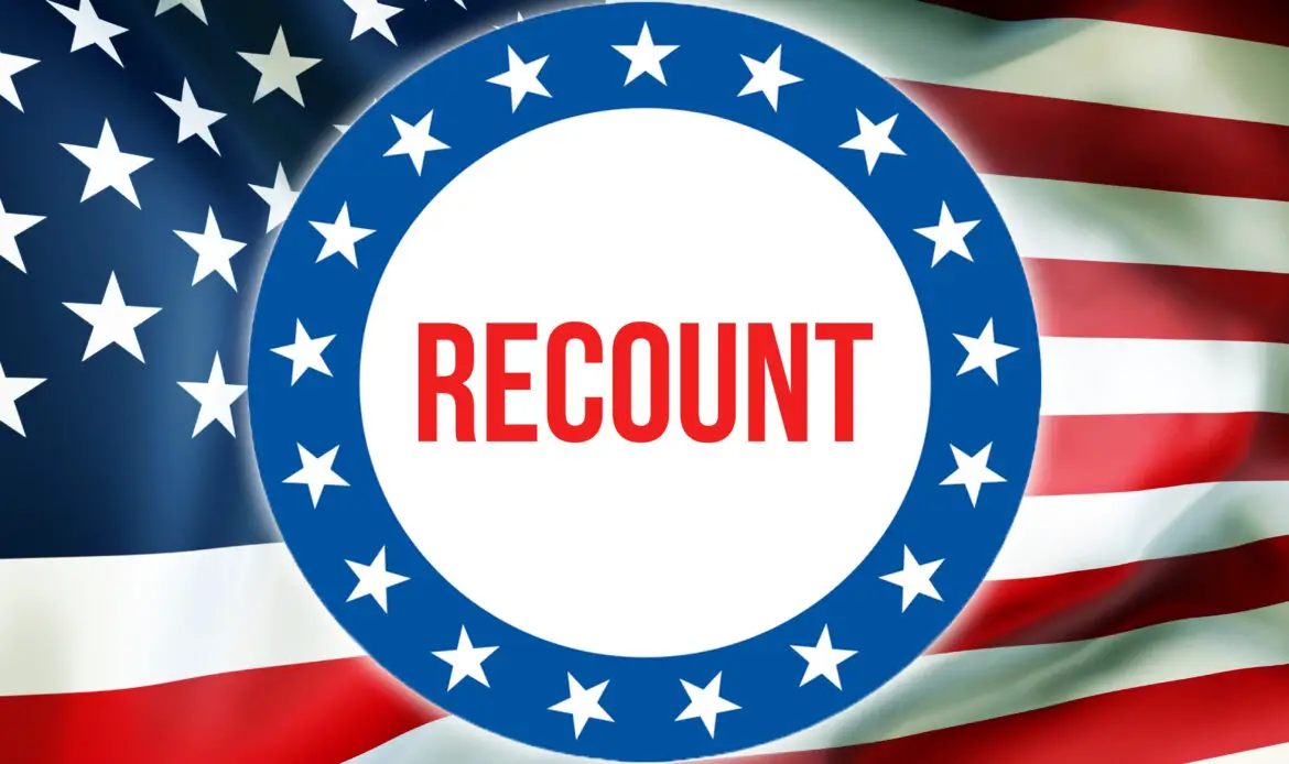 Recount election on a USA background, 3D rendering. United States of America flag waving in the wind. Voting, Freedom Democracy, Recount concept. US Presidential election banner backgroun