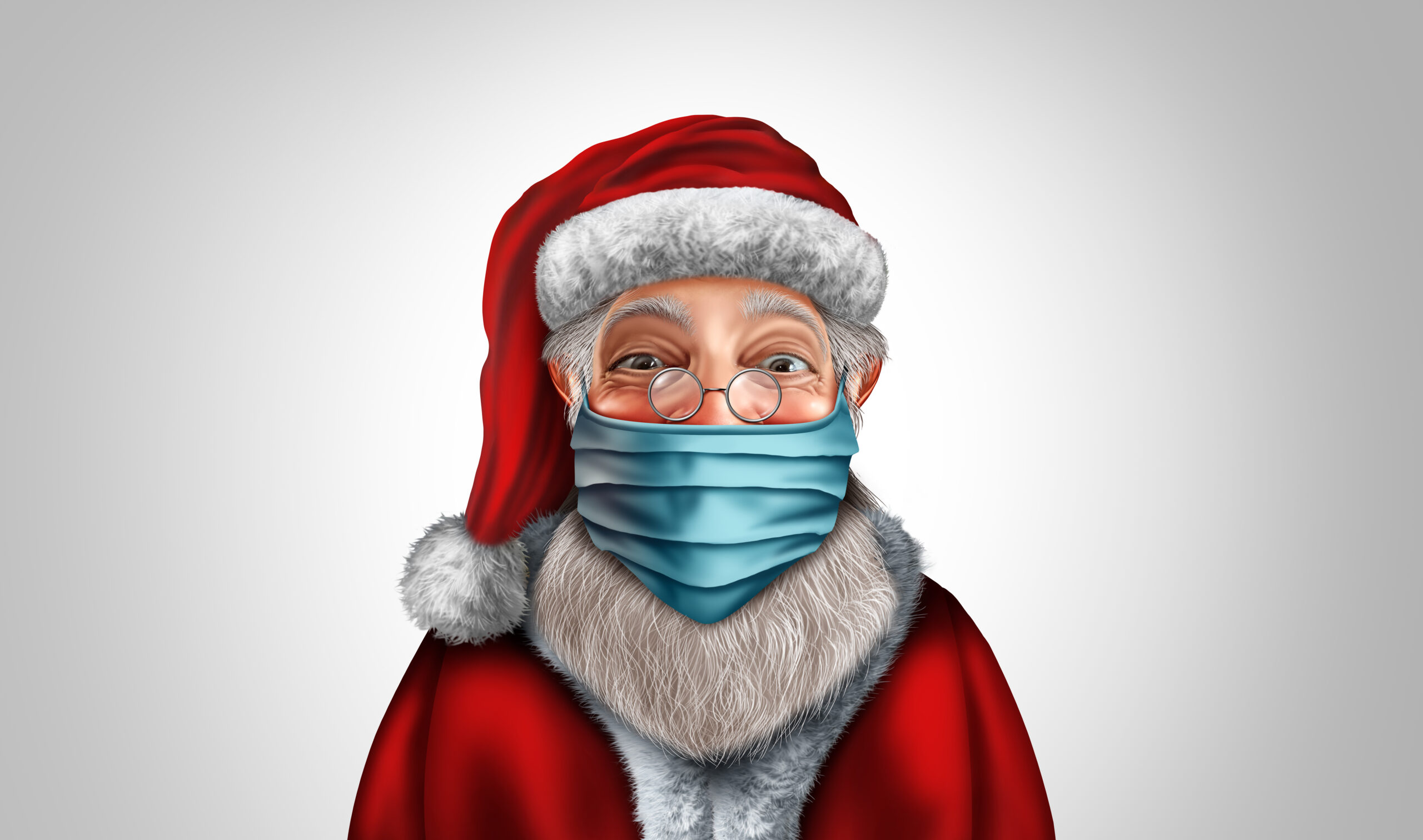 Santa Claus wearing a face mask concept as a Christmas holiday season symbol for health and healthcare disease prevention as medical equipment preventing a virus in a 3D illustration style.