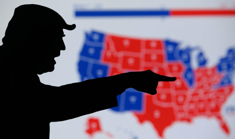 WASHINGTON, USA, OCTOBER 3, 2020: Angry Donald Trump silhouette, react on the Result of Election 2020. President of United States of America not accepting defeat from Joe Biden. US Map in background