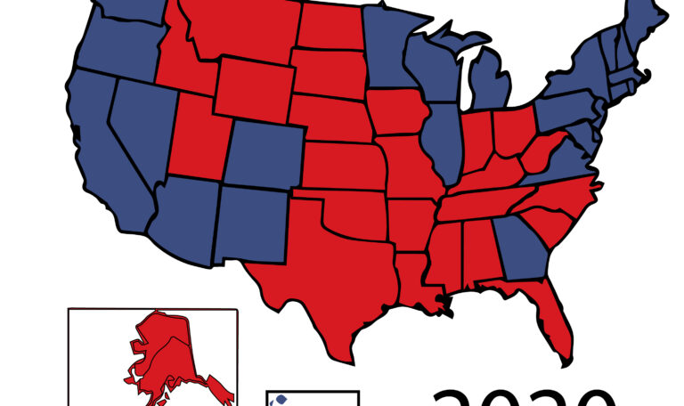 2020 General Presidential electoral map of 50 United States colored in Republican Red, Democrat Blue.