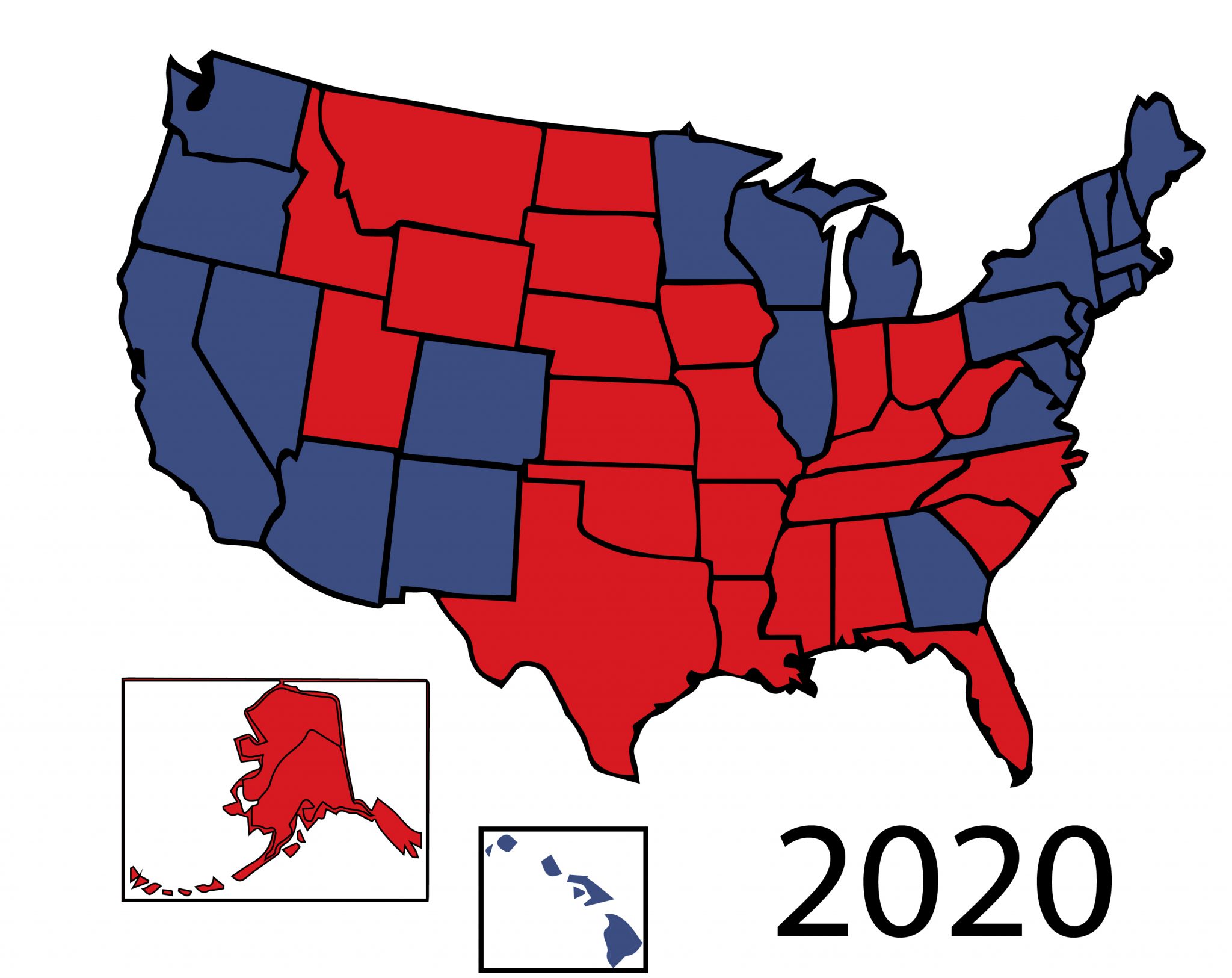 2020 General Presidential electoral map of 50 United States colored in Republican Red, Democrat Blue.