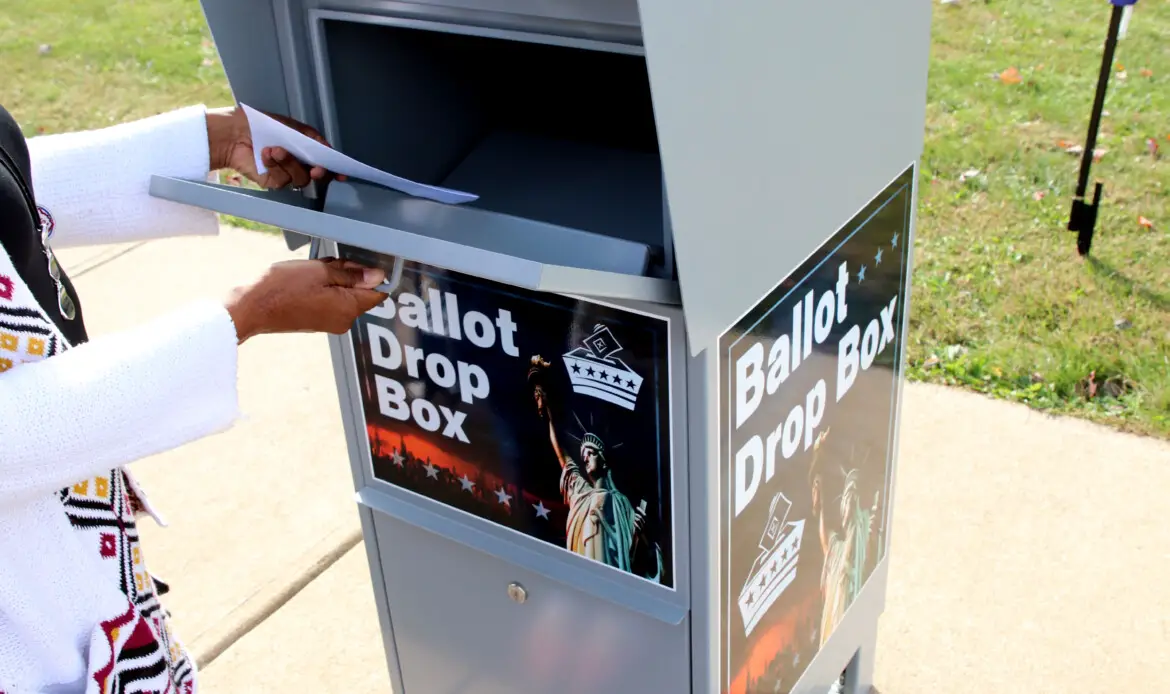 Lancaster Ohio October 14, 2020Voter Ballot Drop Box outside Board of Elections Office.