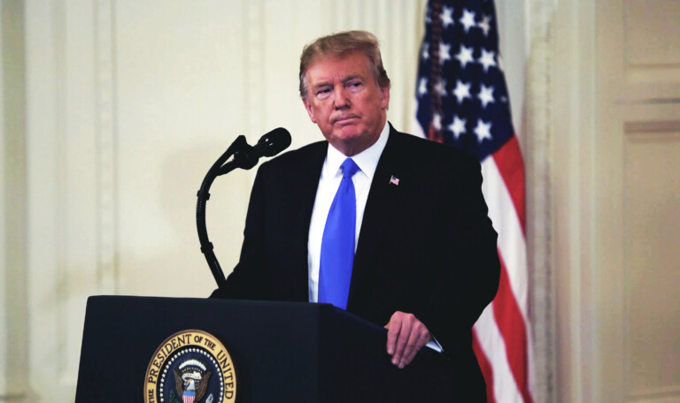 Washington, DC / USA - July 9 2018: USA President Donald Trump in the Supreme Court of the United States, serious angry look during a speech.