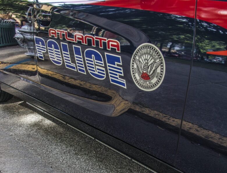 Atlanta, Ga USA 06 07 20: Downtown Atlanta Georgia Atlanta Police car close up side door