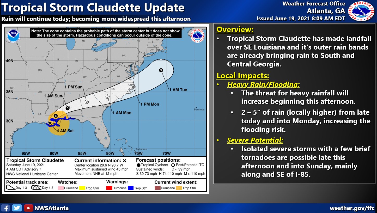 Weather Update: Georgia already getting rain from Tropical Storm Claudette