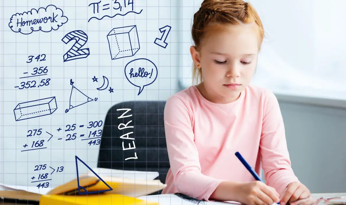 adorable red haired schoolgirl sitting at desk and studying at home with math icons