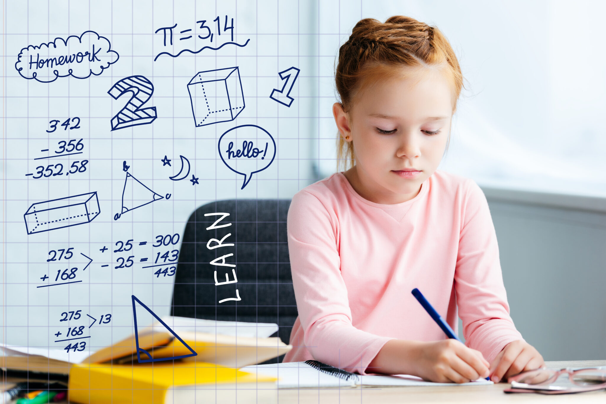adorable red haired schoolgirl sitting at desk and studying at home with math icons