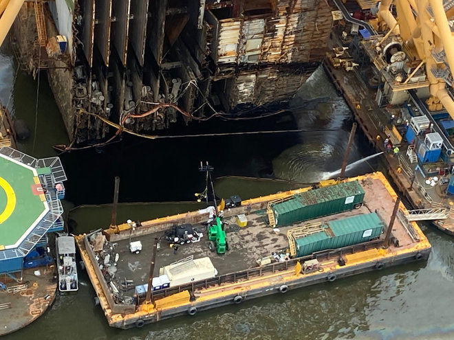 BRUNSWICK -- Oil recovery efforts near the Golden Ray continued off the coast of Georgia Wednesday as shoreline teams continue to mitigate shoreline impacts.