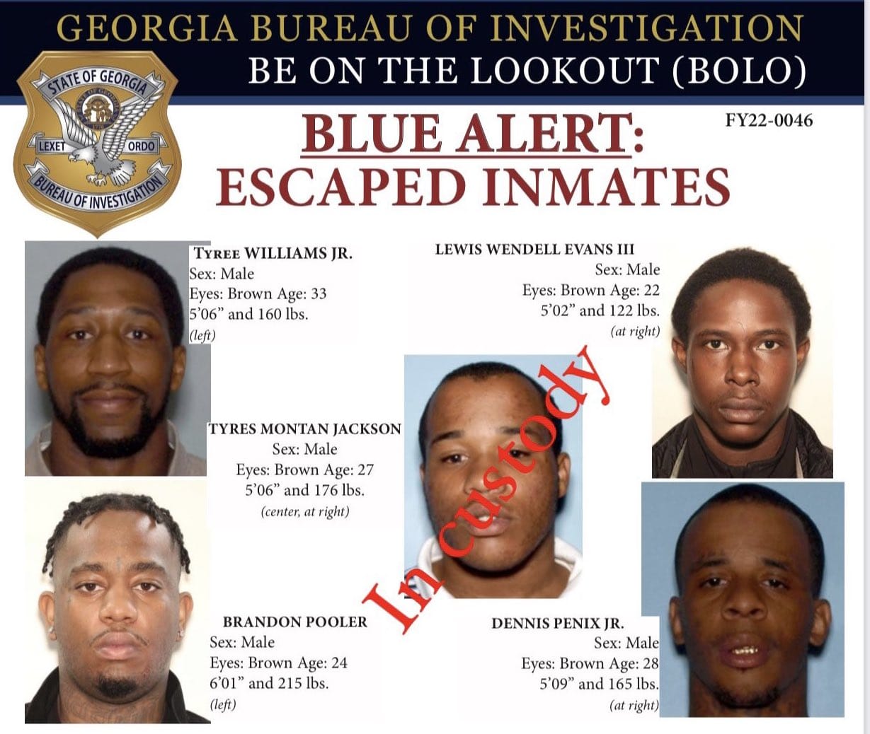 Update: One escaped Georgia inmate captured, four still at large