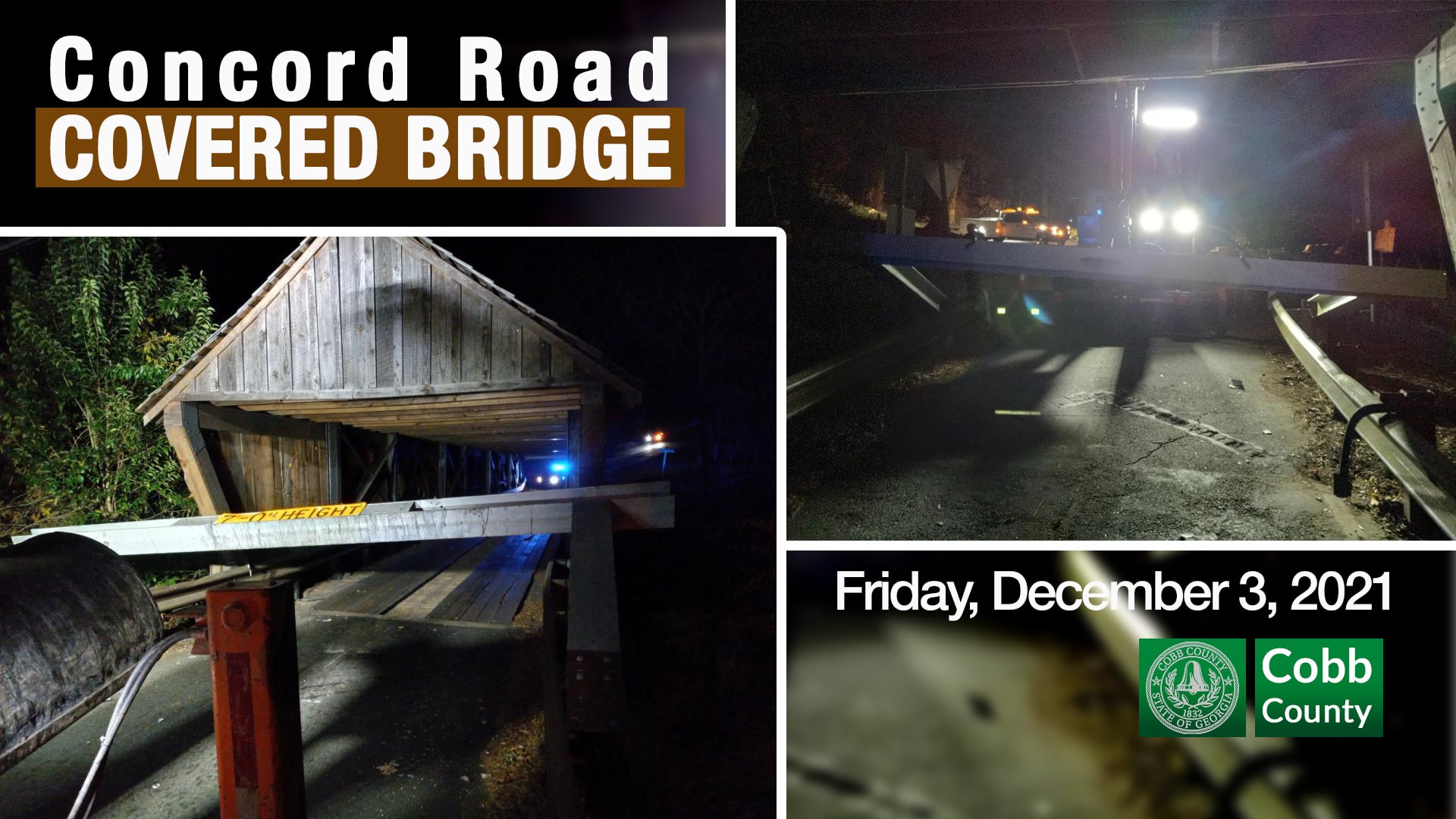 Vehicle strikes Concord Covered Bridge beam in Cobb County again