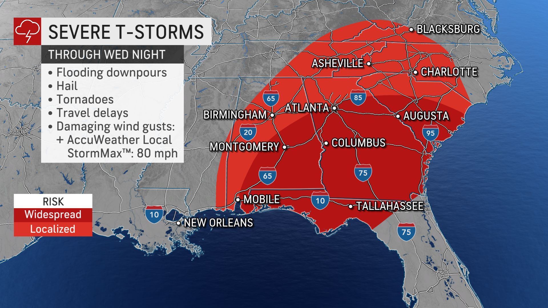 Residents in part of the Southeast will face more volatile weather into Wednesday night that will include the risk of tornadoes.