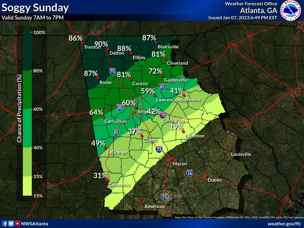 Rain will bring a soggy Sunday to North and Central Georgia