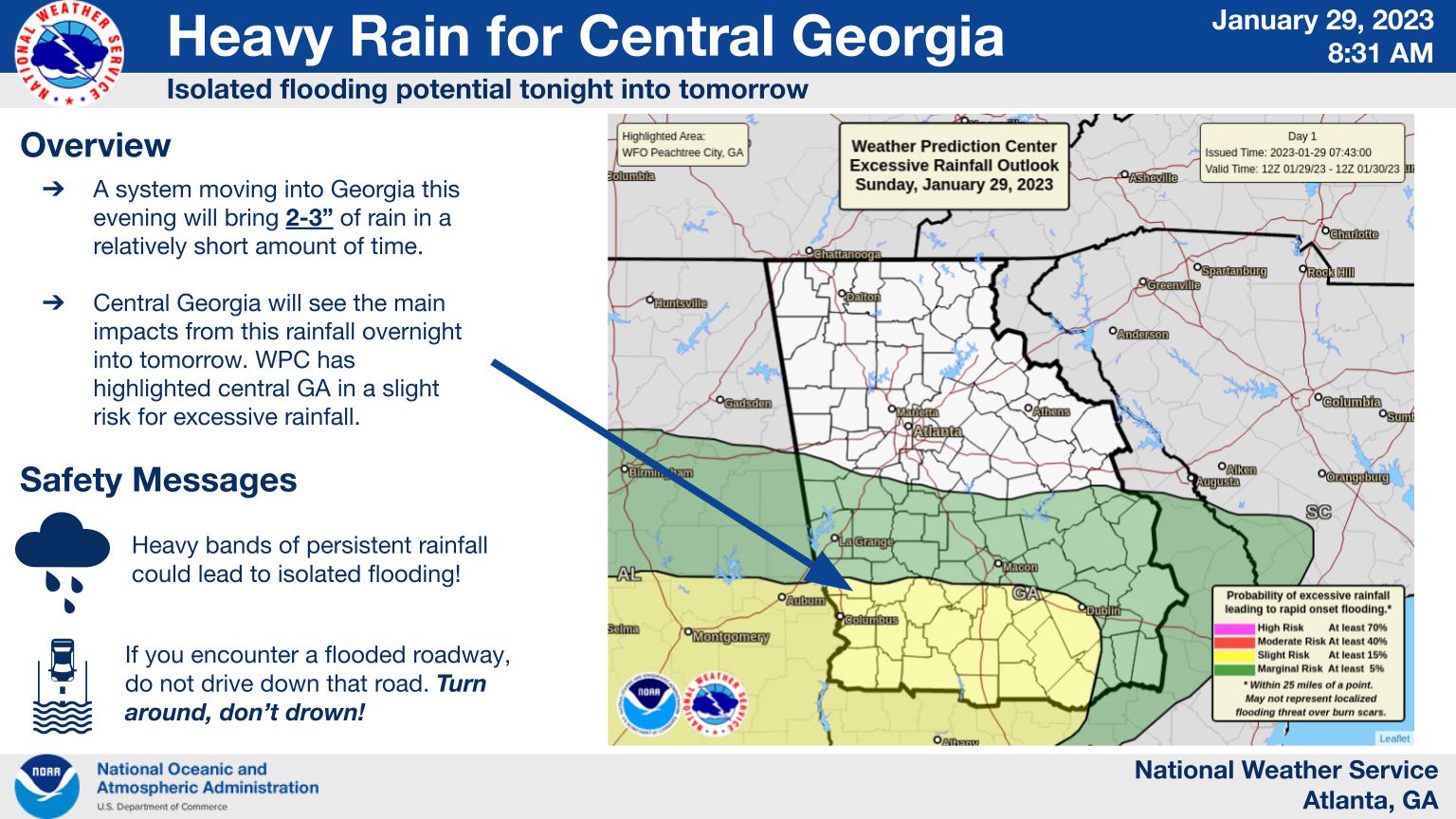 Central Georgia residents are advised to prepare for heavy rainfall as a weather system moves into the area. The National Weather Service has included part of central Georgia in a Slight Risk for excessive rainfall, which could lead to isolated flooding concerns.