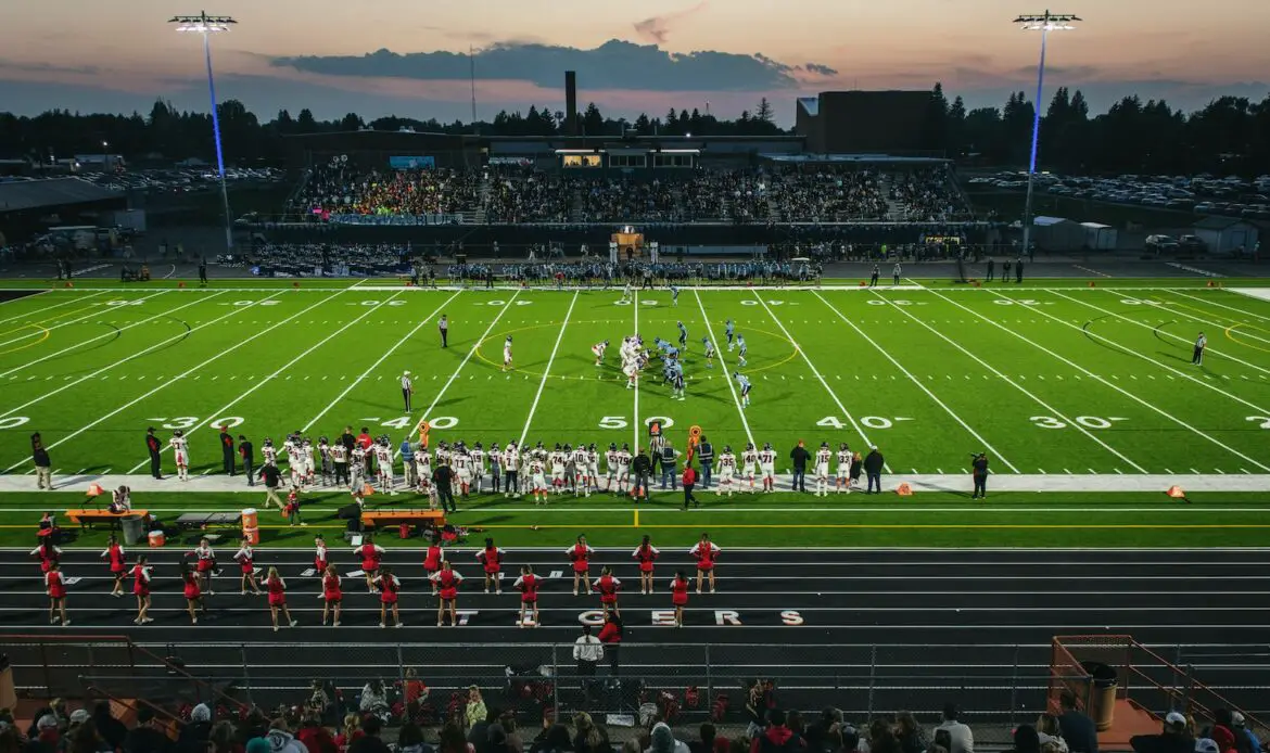 a football field with a crowd watching