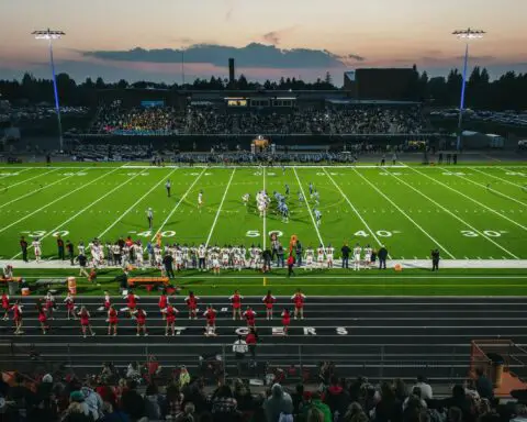 a football field with a crowd watching
