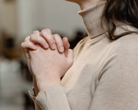 Woman in Brown Turtle Neck Shirt with Hands Clasped
