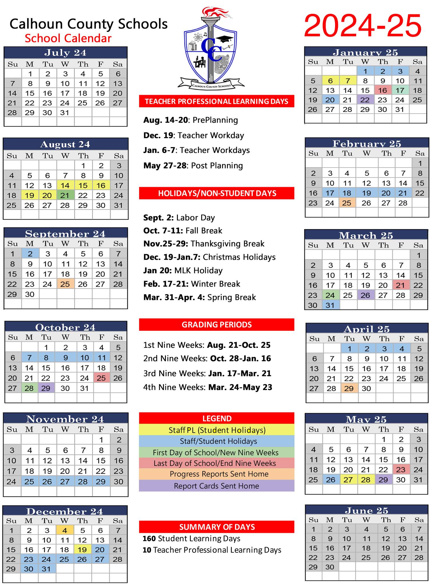 Here is The Calhoun County School Calendar for 2024-2025