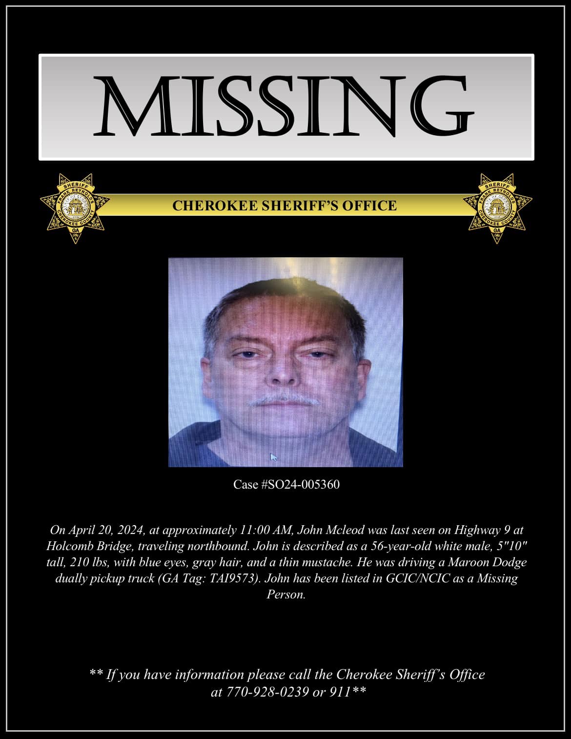 Search Underway for Missing Cherokee County Man Last Seen on Highway 9 in Roswell