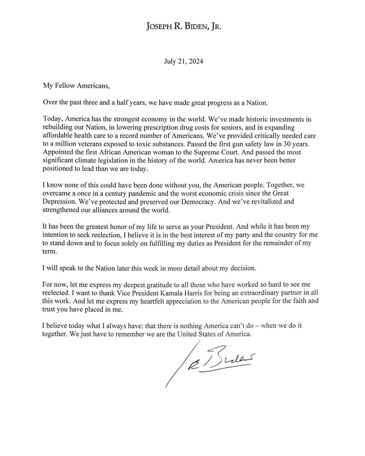 President Joe Biden announced his decision to withdraw from the 2024 presidential race, citing the need to focus solely on his current duties and the best interests of his party and the country.