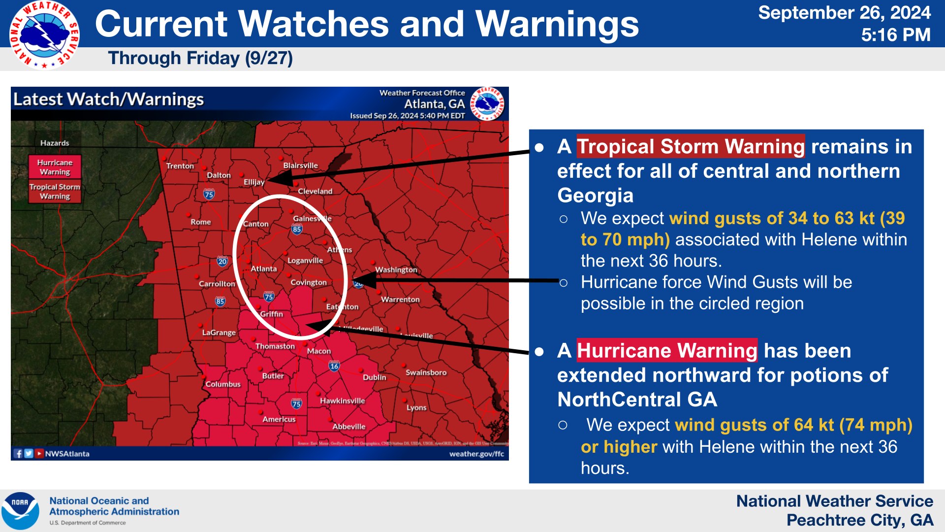 Helene Update: Hurricane Gusts Possible in Metro Atlanta as Warning Expands Northward