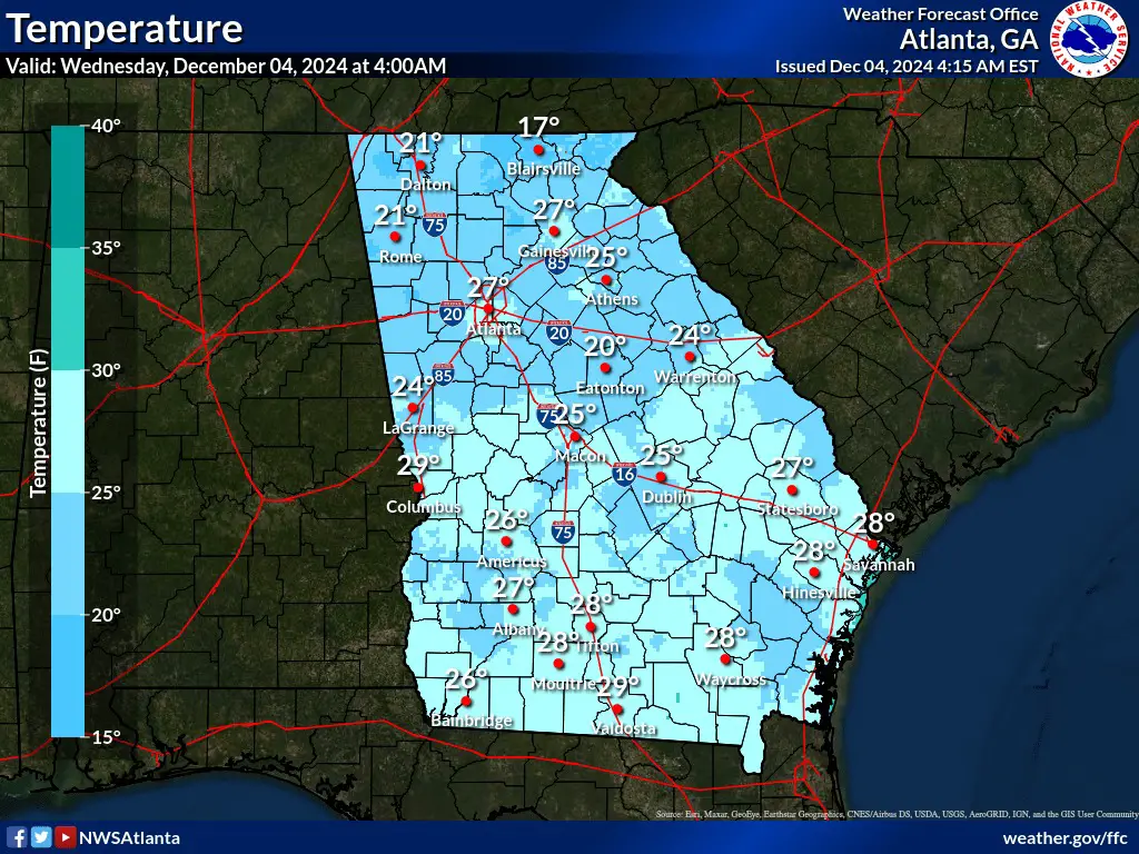 What’s Happening: Cold conditions are persisting across the region, prompting the need for warm layers and caution while traveling. Frost accumulation overnight may cause slick spots on less-traveled roads and bridges, especially in mountain areas.