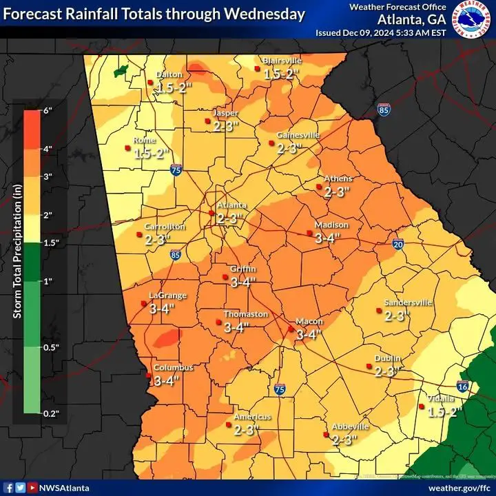 Periods of moderate to heavy rain are set to sweep across North and Central Georgia, bringing with them the possibility of localized flooding. Residents should be prepared as this weather pattern continues through Wednesday morning.