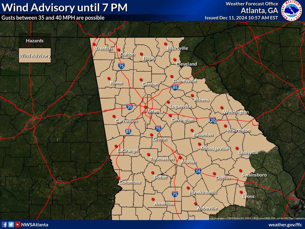 The National Weather Service has issued a Wind Advisory for a significant portion of Georgia. Northwest winds of 15 to 20 mph, with gusts reaching 35 to 40 mph, are forecast to persist until 7 p.m. today.