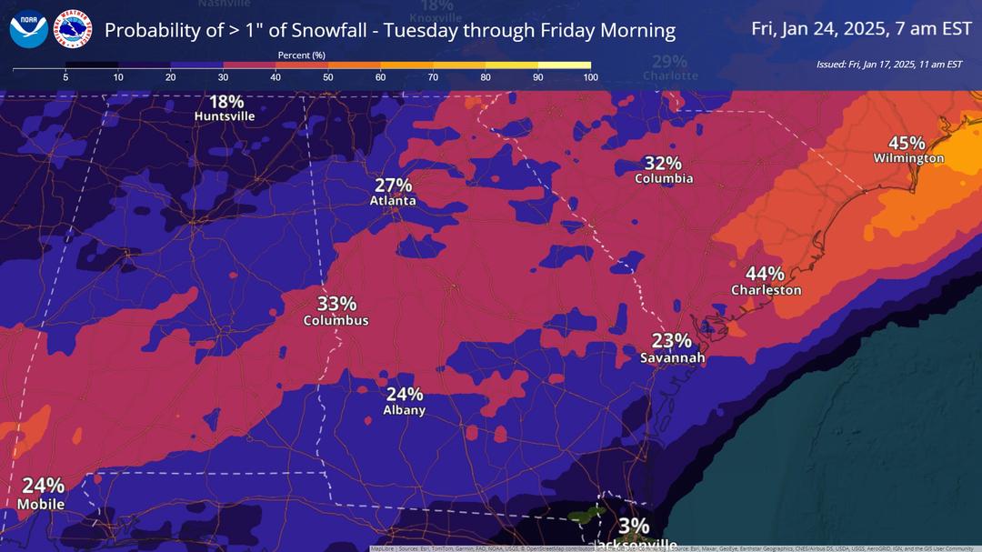 🌨️ Will It Snow?: Keep an eye on midweek. Forecasters say Georgia could see snowfall between Tuesday and Wednesday, depending on the storm’s path. The chance of more than an inch of snow remains low but possible statewide.