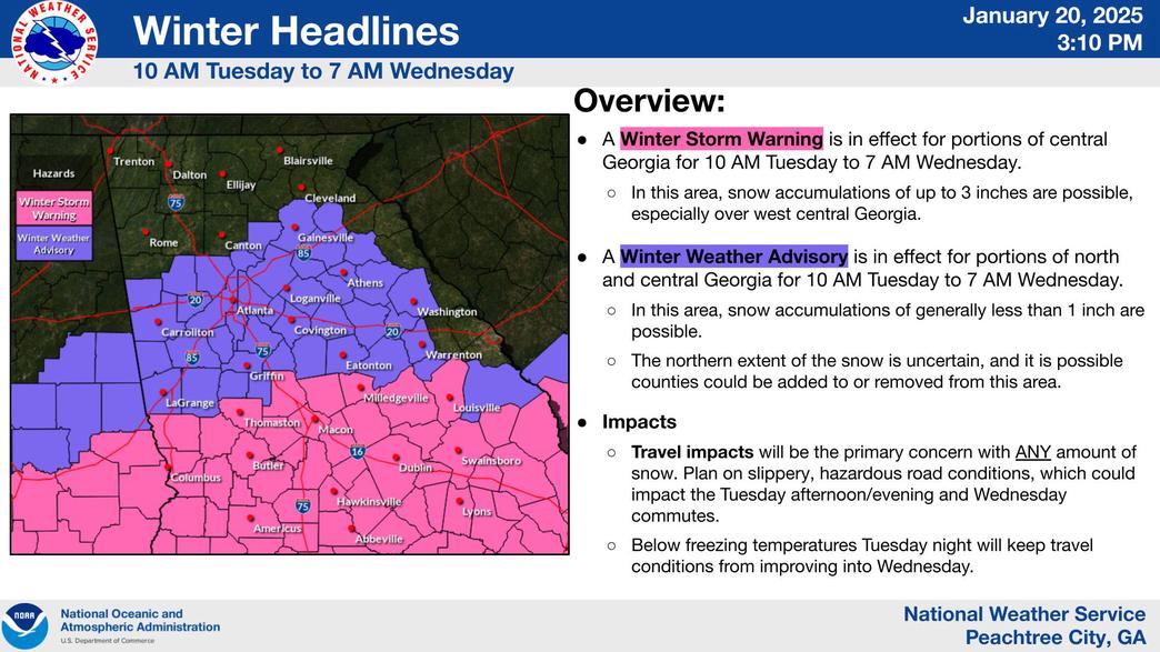 Snow is expected to arrive across portions of central and north Georgia starting Tuesday, with accumulations leading to slippery and dangerous travel conditions through Wednesday morning.