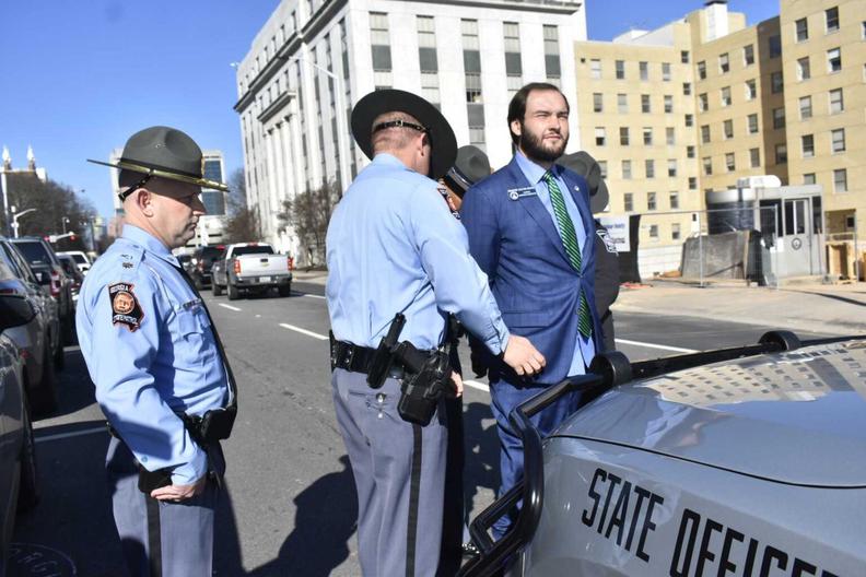 A right-wing Republican state senator was arrested Thursday morning while attempting to enter the House chambers to attend the State of the State address by GOP Gov. Brian Kemp. 