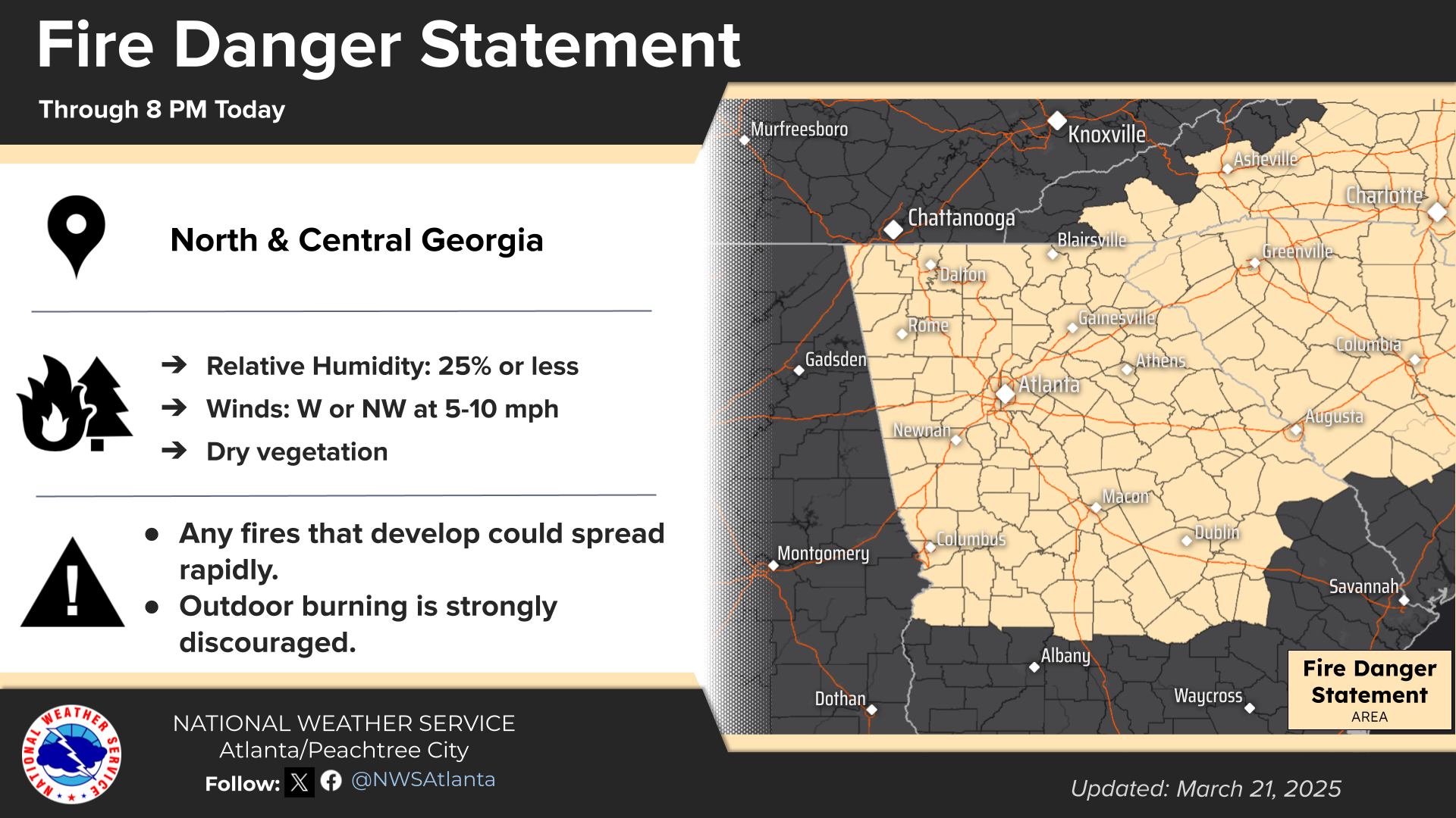 North and central Georgia residents face a perfect storm of fire-friendly weather today as humidity levels plummet and freezing temperatures grip the region.