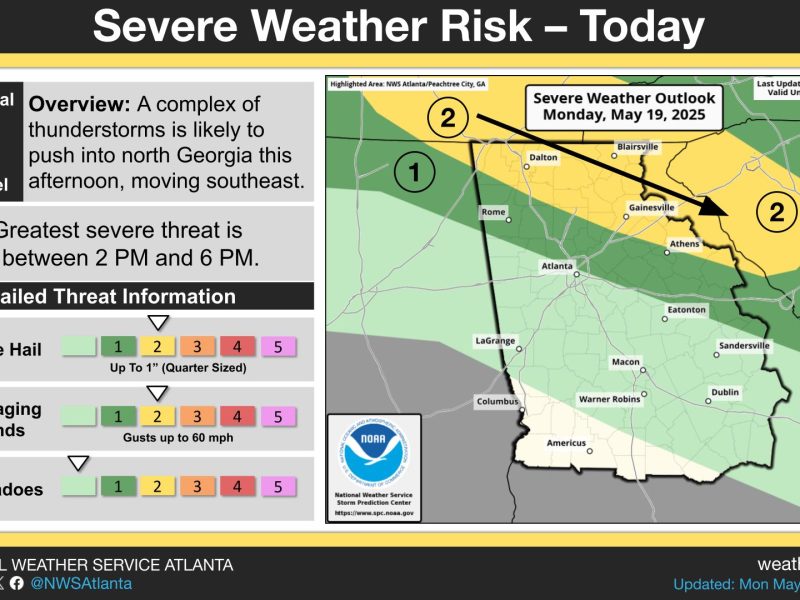 A group of thunderstorms will sweep across north Georgia today, bringing potential severe weather during the afternoon hours.