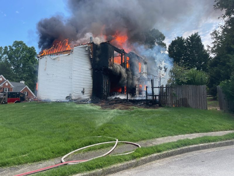 A house fire that started on a back deck consumed a Dacula home Friday morning, leaving a family of five displaced and killing several pets.