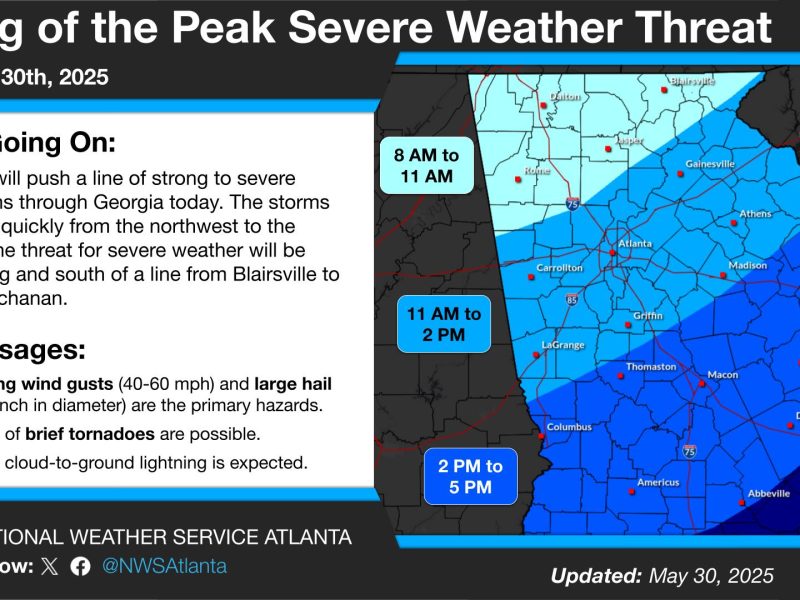 ⚡ Catch Up Quick: A cold front is driving this round of severe weather. The National Weather Service has placed much of north and central Georgia under a level two threat, meaning scattered severe storms are likely.