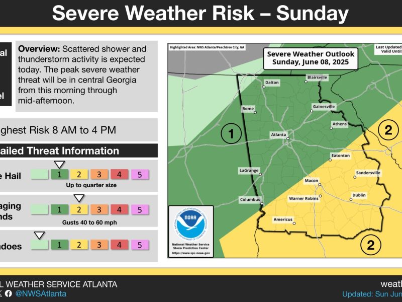 Severe weather is bearing down on Georgia today, with portions of north and central Georgia facing significant threats through the afternoon hours.