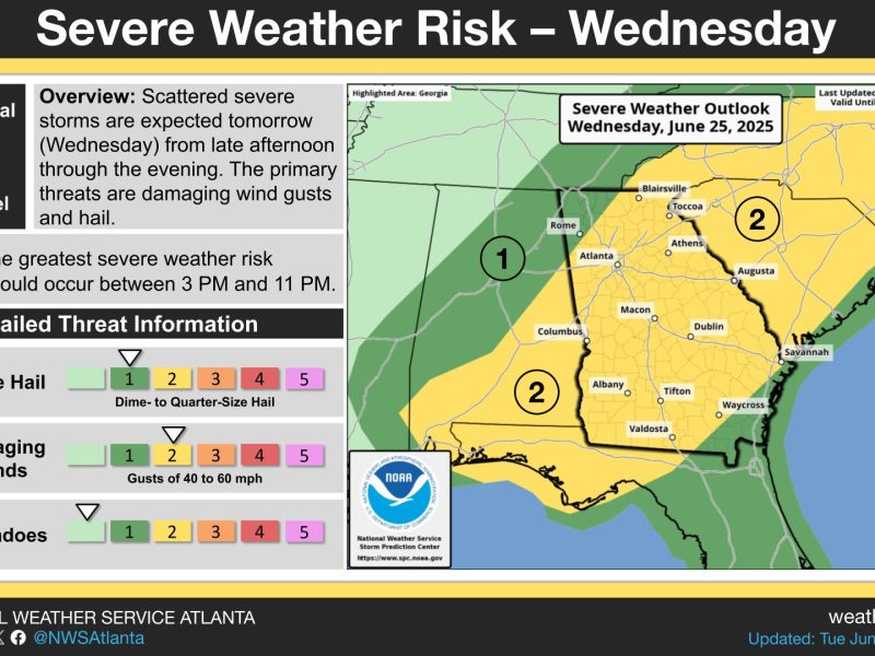 Georgians should prepare for scattered severe storms this afternoon and evening that could bring damaging winds and hail across the state.