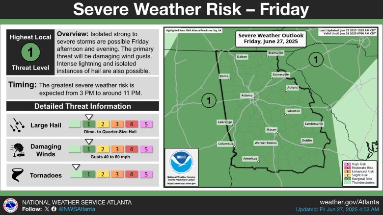 Scattered thunderstorms will hit north and central Georgia this afternoon and evening, with some storms potentially bringing dangerous wind gusts up to 60 mph.