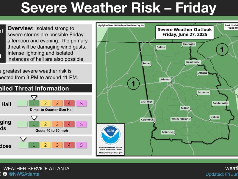 Scattered thunderstorms will hit north and central Georgia this afternoon and evening, with some storms potentially bringing dangerous wind gusts up to 60 mph.