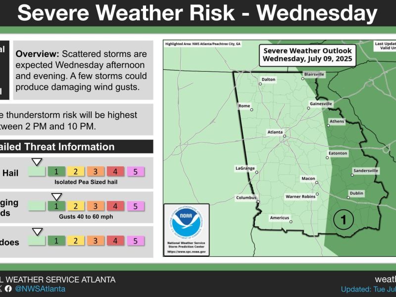 Thunderstorms with damaging winds could hit parts of eastern Georgia on Wednesday afternoon and evening. The storms pose the biggest threat between 2 p.m. and 10 p.m.
